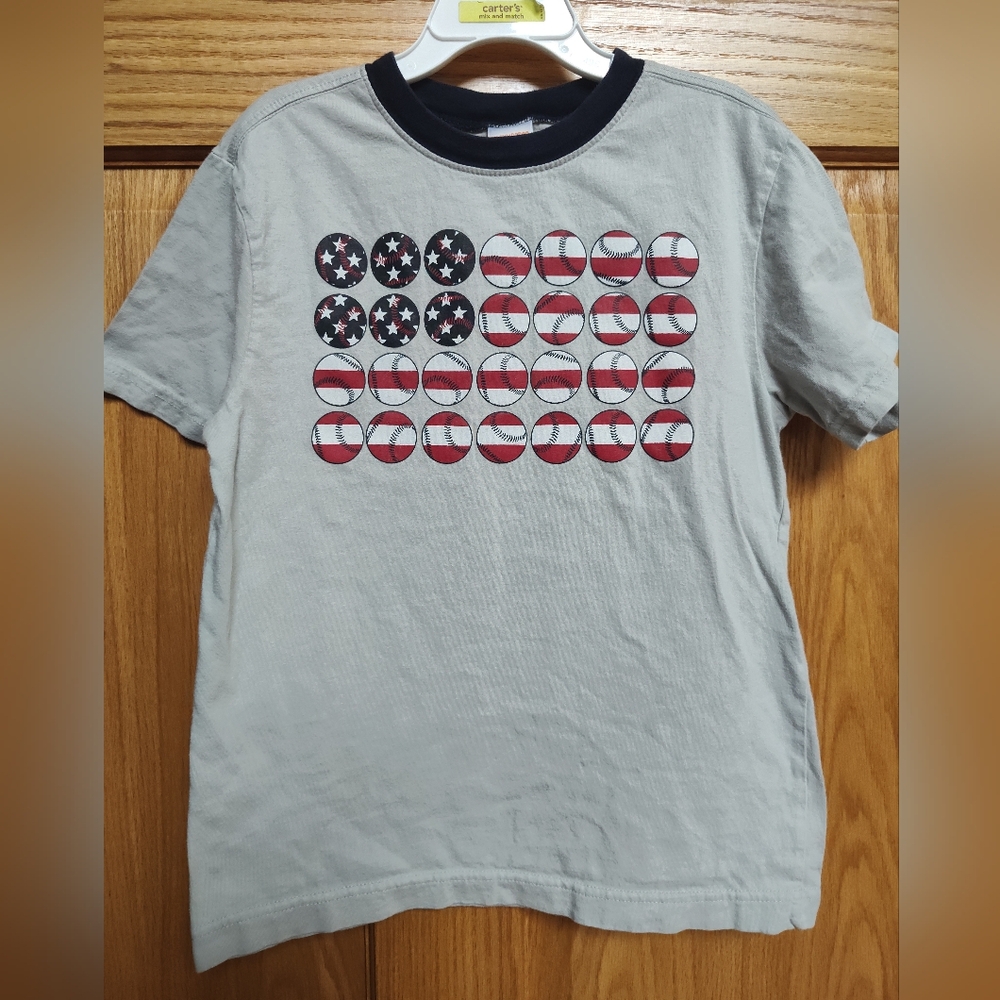 Gymboree Boys M Gray Short Sleeve Tee with Baseball Flag Graphic